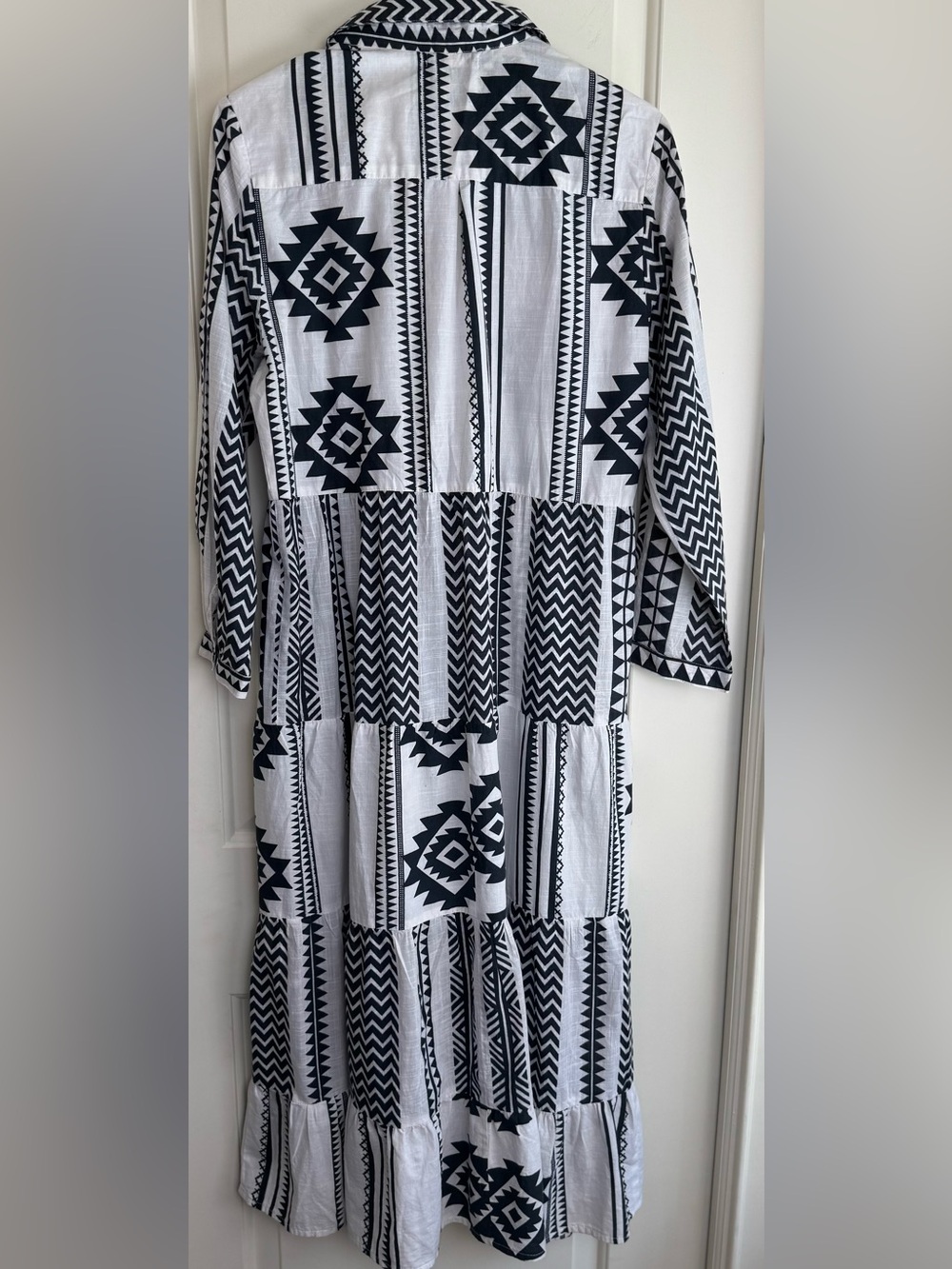 Be Boho Black White Geometric Tiered Button Front Cotton Midi Dress M - Picture 2 of 6
